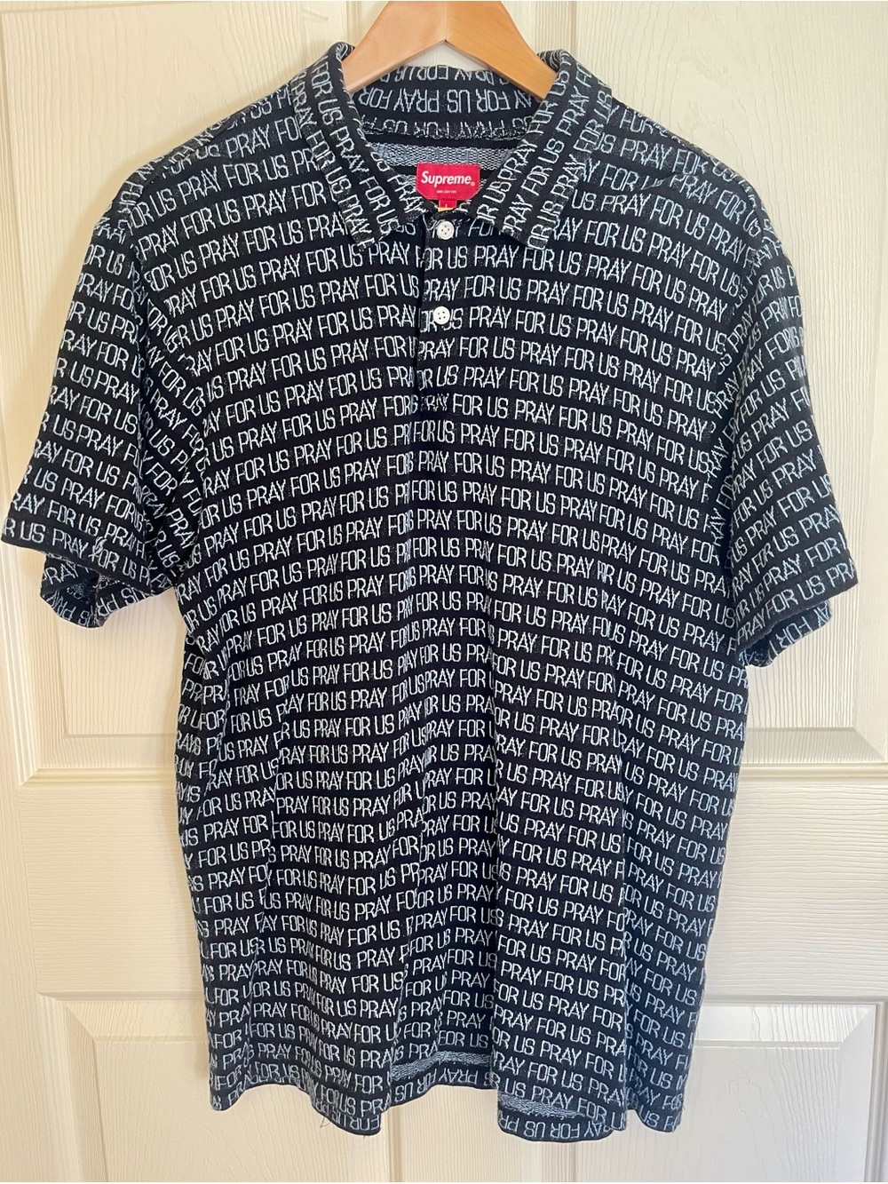 Supreme Men’s “PRAY FOR US” Black Polo, Size Large